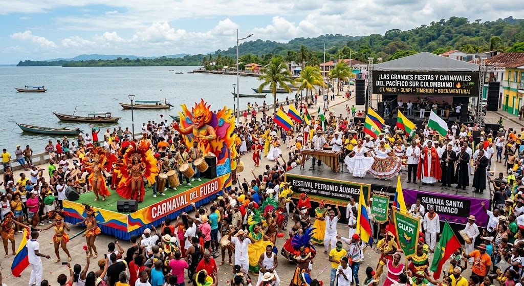 Festival y carnaval a orillas del mar en Tumaco, con público y comparsas
