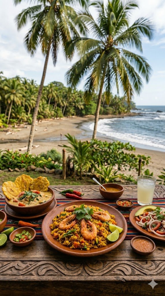 Platos tradicionales del Pacífico colombiano frente a la playa: arroz con camarones y sopa de coco